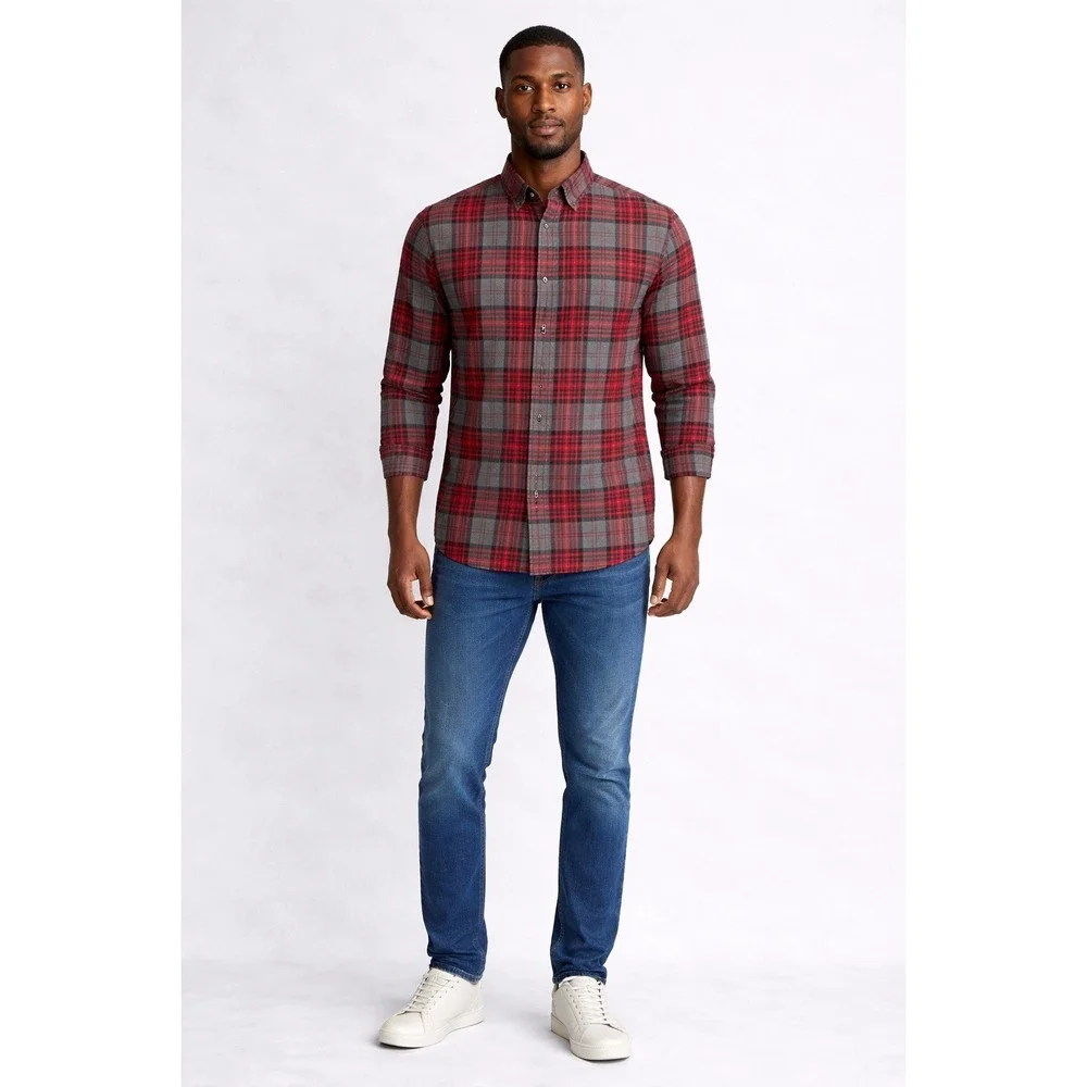 J.Crew Men's Tailored Plaid Button-Up Shirt Red Long Sleeve  100% Cotton  Size M